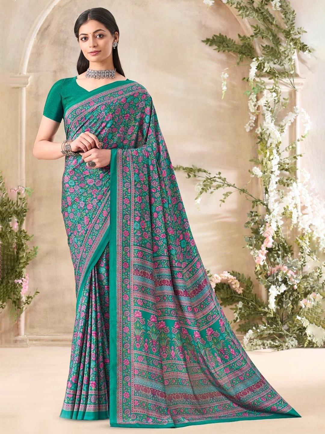 

Reboot Fashions Printed Ethnic Motifs Pure Crepe Bandhani Saree, Teal