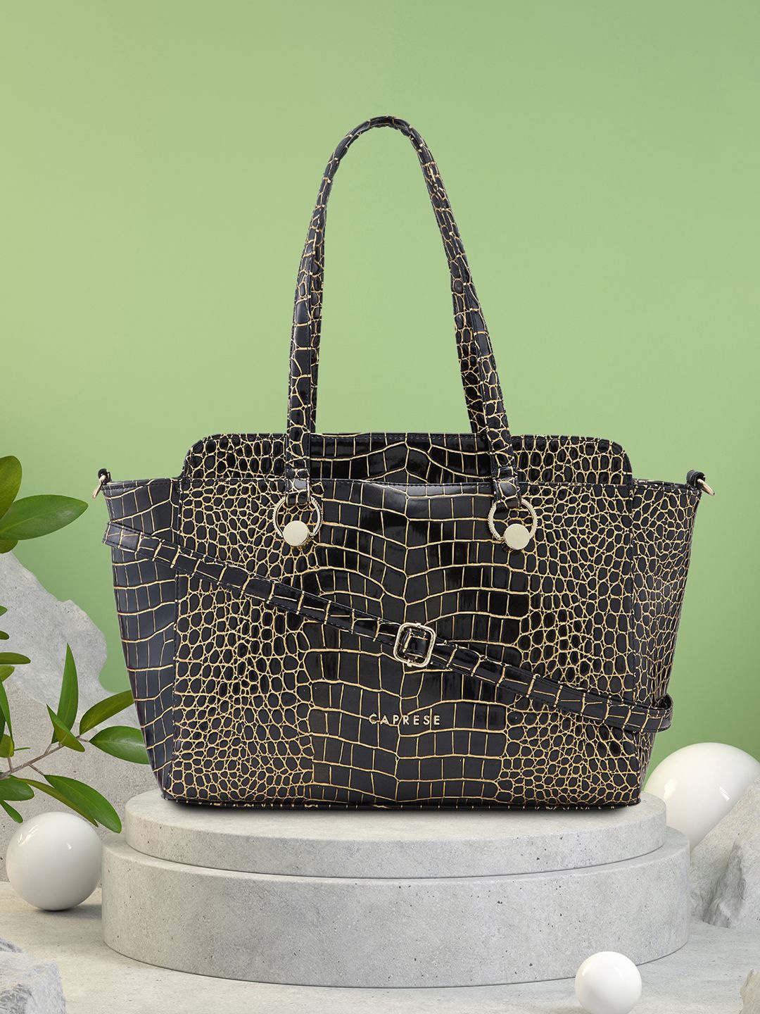 

Caprese Animal Textured Shopper Handheld Bag with Quilted, Black