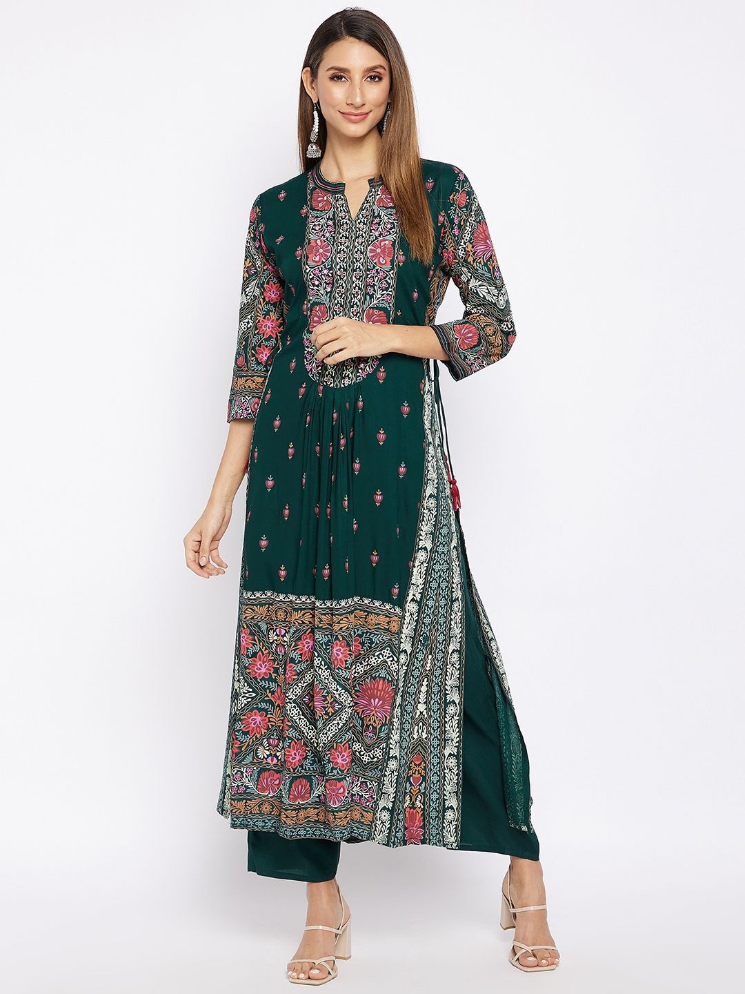 

IndigoFerry Floral Printed Straight Pure Cotton Kurta with Trousers, Green