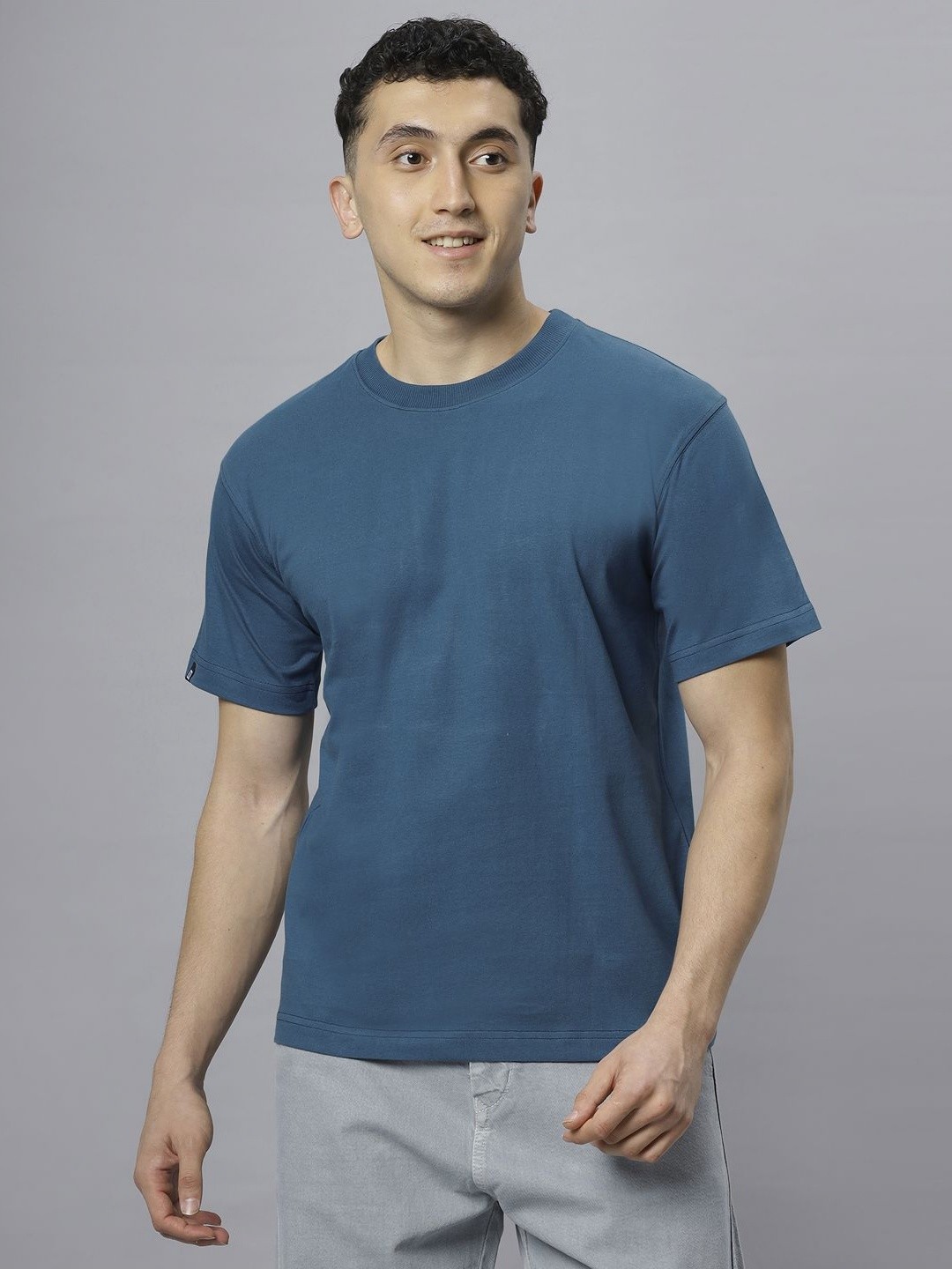 

Hence Men Solid Round Neck Cotton Oversized T-Shirt, Blue