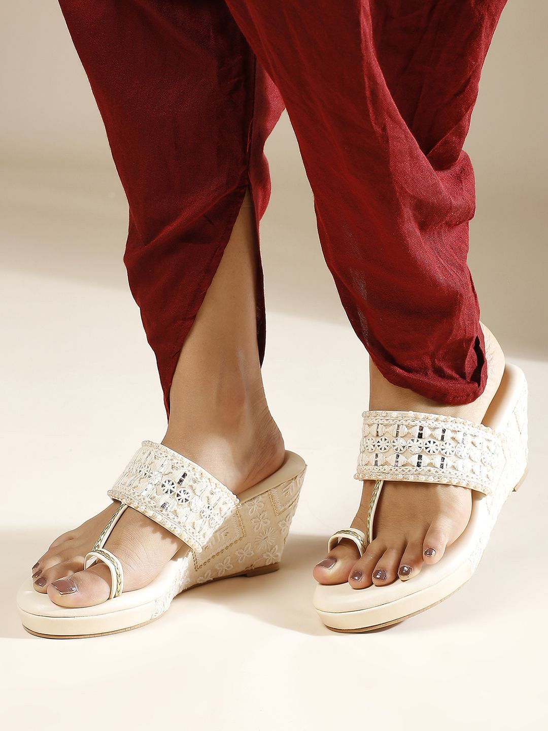 

Inc 5 Women Open Toe Wedge Heel Sandals With Ethnic - Embellished, Cream