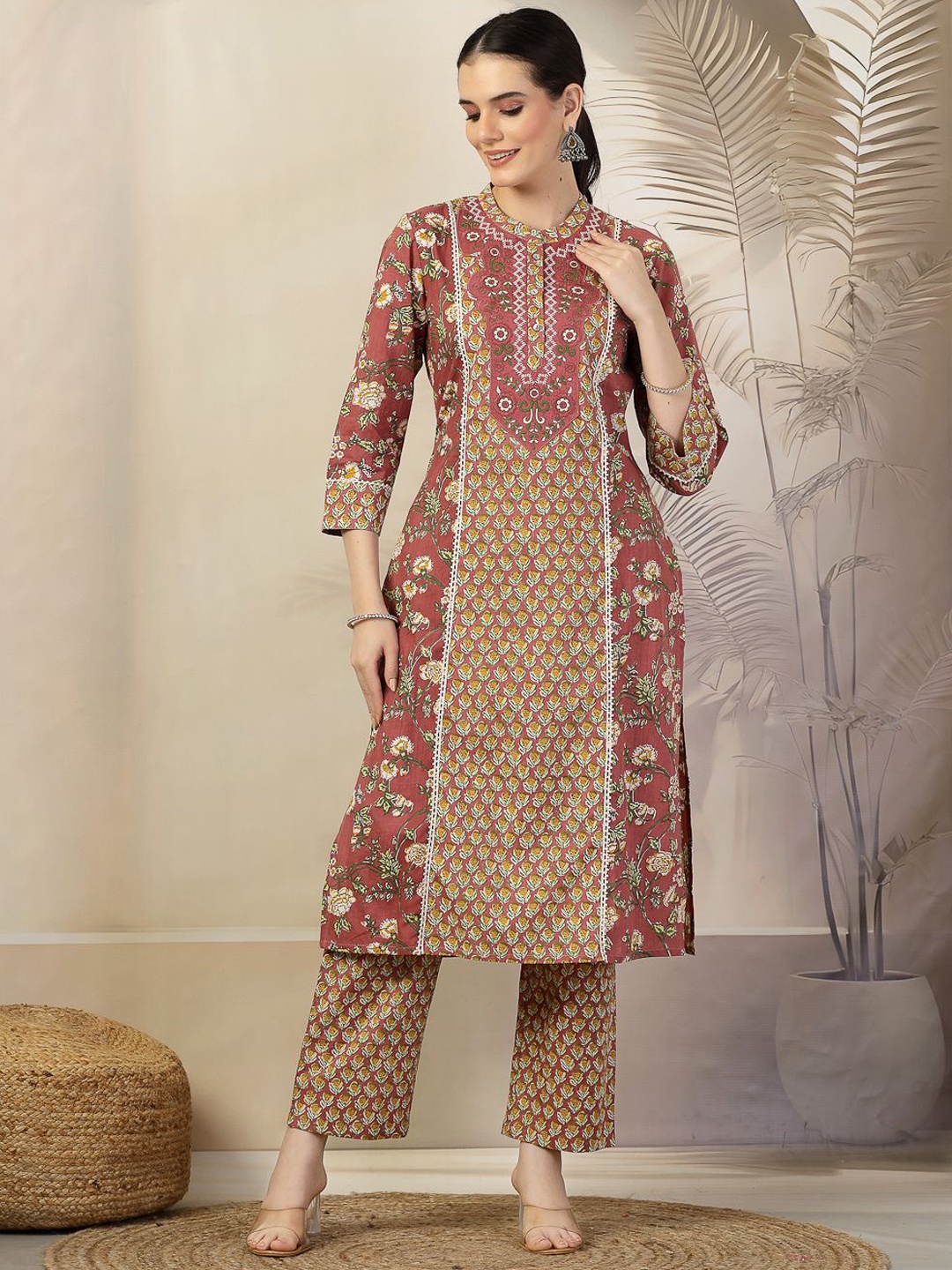 

Nayam By Lakshita Floral Printed Mandarin Collar Thread Work A-Line Kurta with Palazzo, Mauve