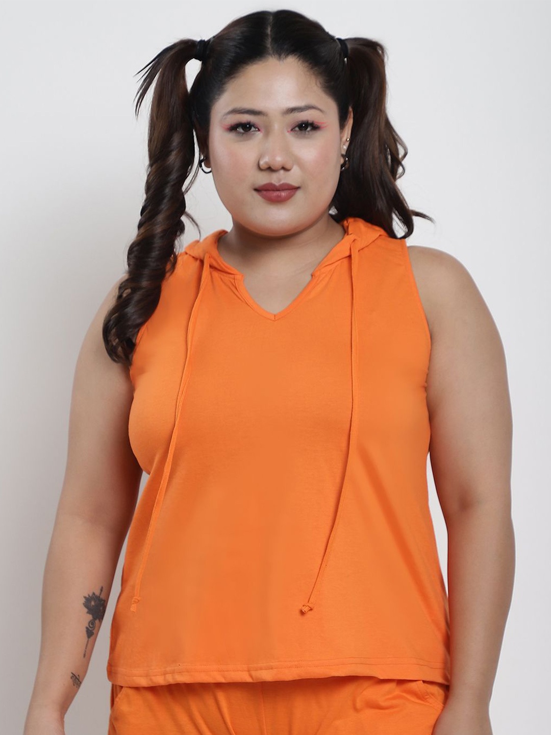 

thkgrlz Women Solid Hood Cotton Plus Size Top, Orange