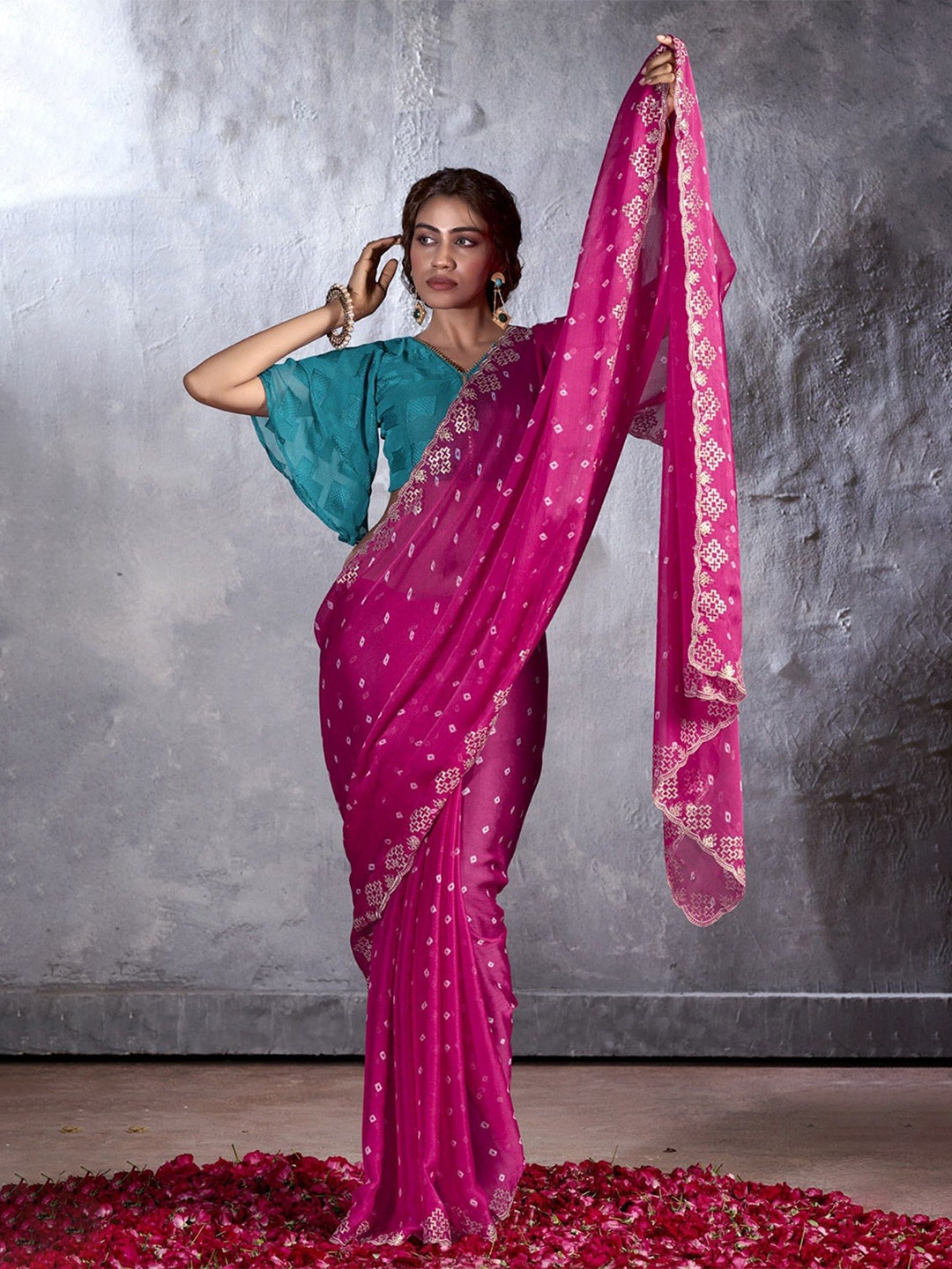 

MySilkLove Bandhani Sequinned Pure Georgette Saree, Pink