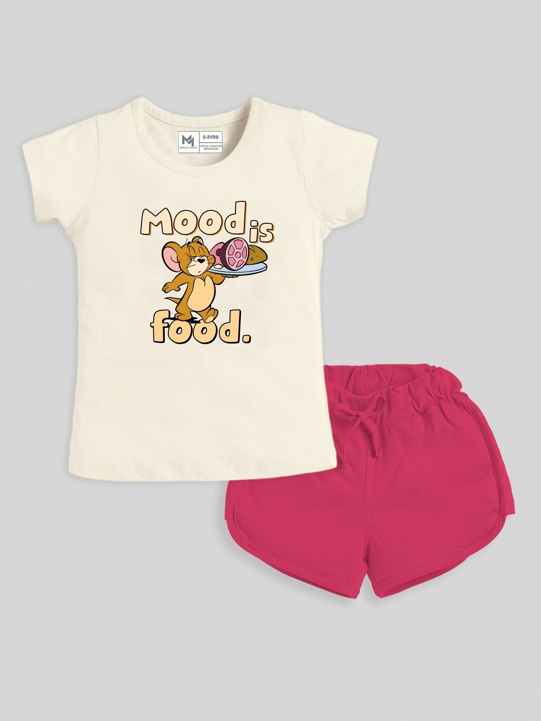 

YK X Minute Mirth Girls Printed Pure Cotton Tshirt with Shorts, Cream