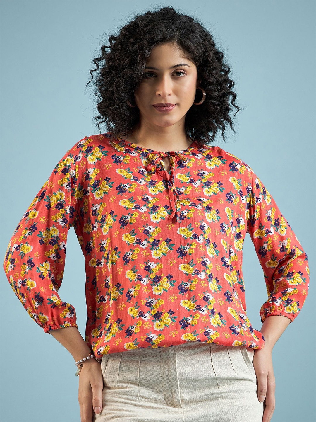 

DressBerry Women Floral Printed Tie-Up Neck Viscose Rayon Top, Red