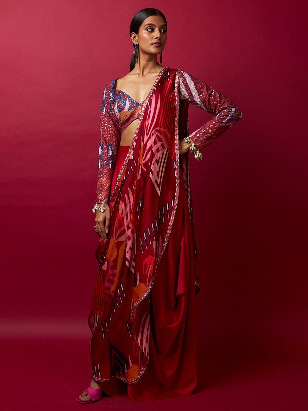 

Vedika M Satin Embellished Saree, Red