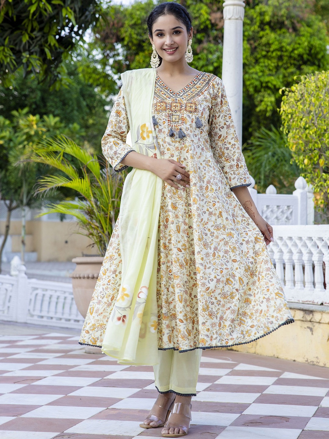 

Charu Floral Printed Thread Work Pure Cotton Anarkali Kurta With Trousers & Dupatta, Yellow