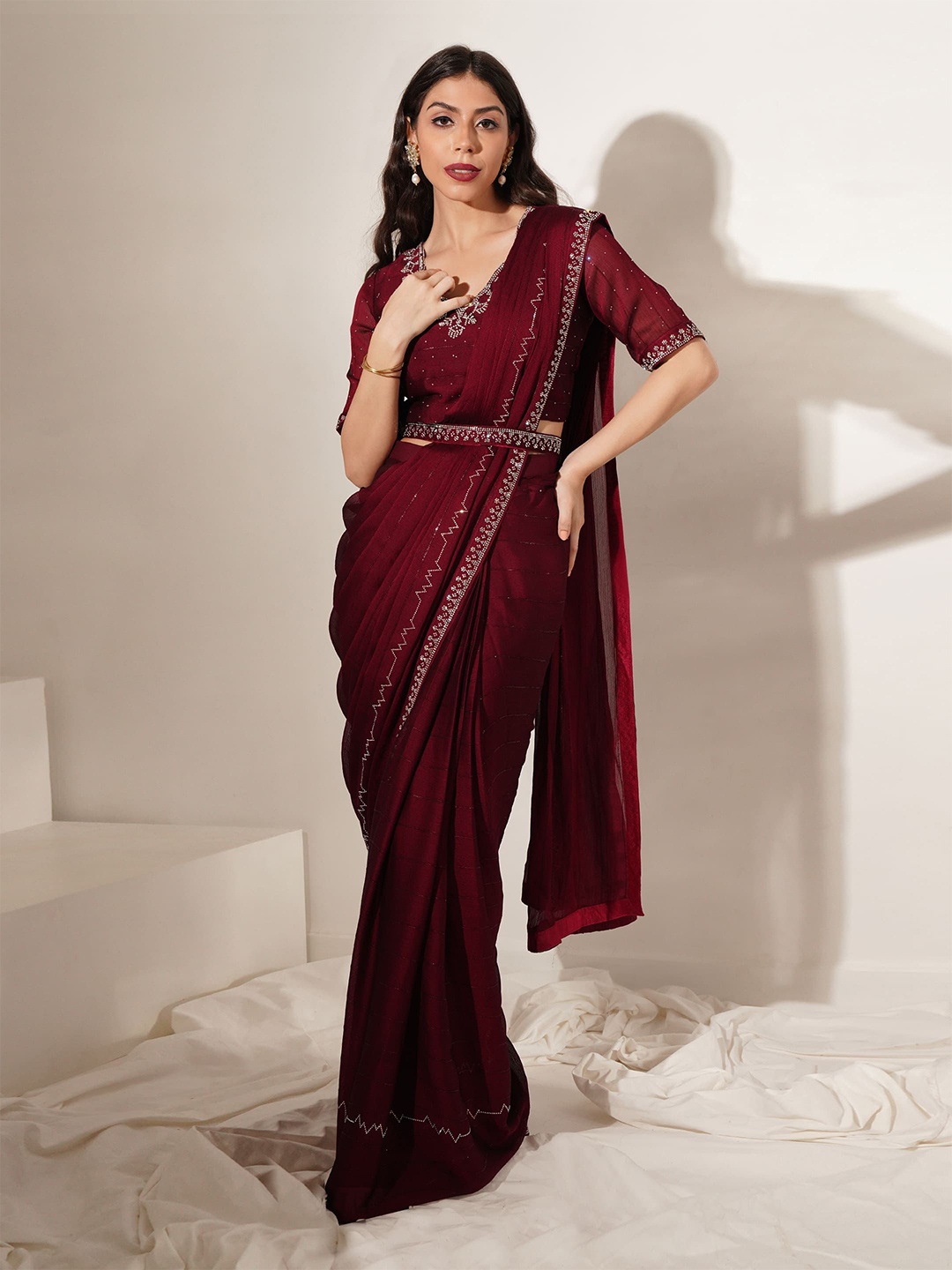 

AMOHA TRENDZ Embellished Beads and Stones Pure Chiffon Ready to Wear Saree, Maroon