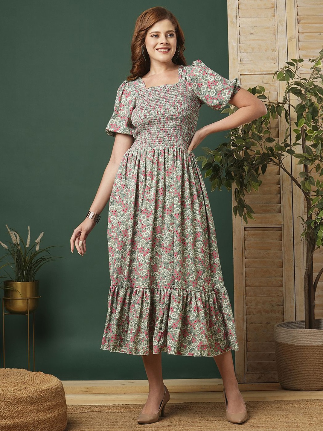 

DEKLOOK Floral Printed A-Line Midi Dress, Green