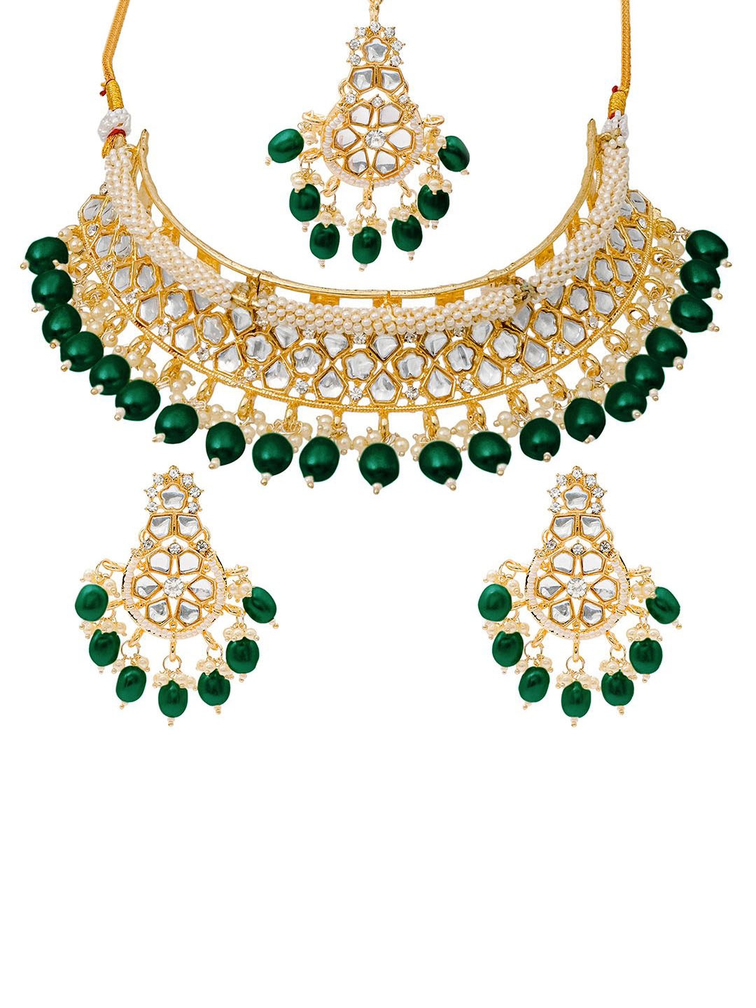 

Shining Jewel - By Shivansh Gold-Plated Cubic Zirconia Studded & Beaded Jewellery Set