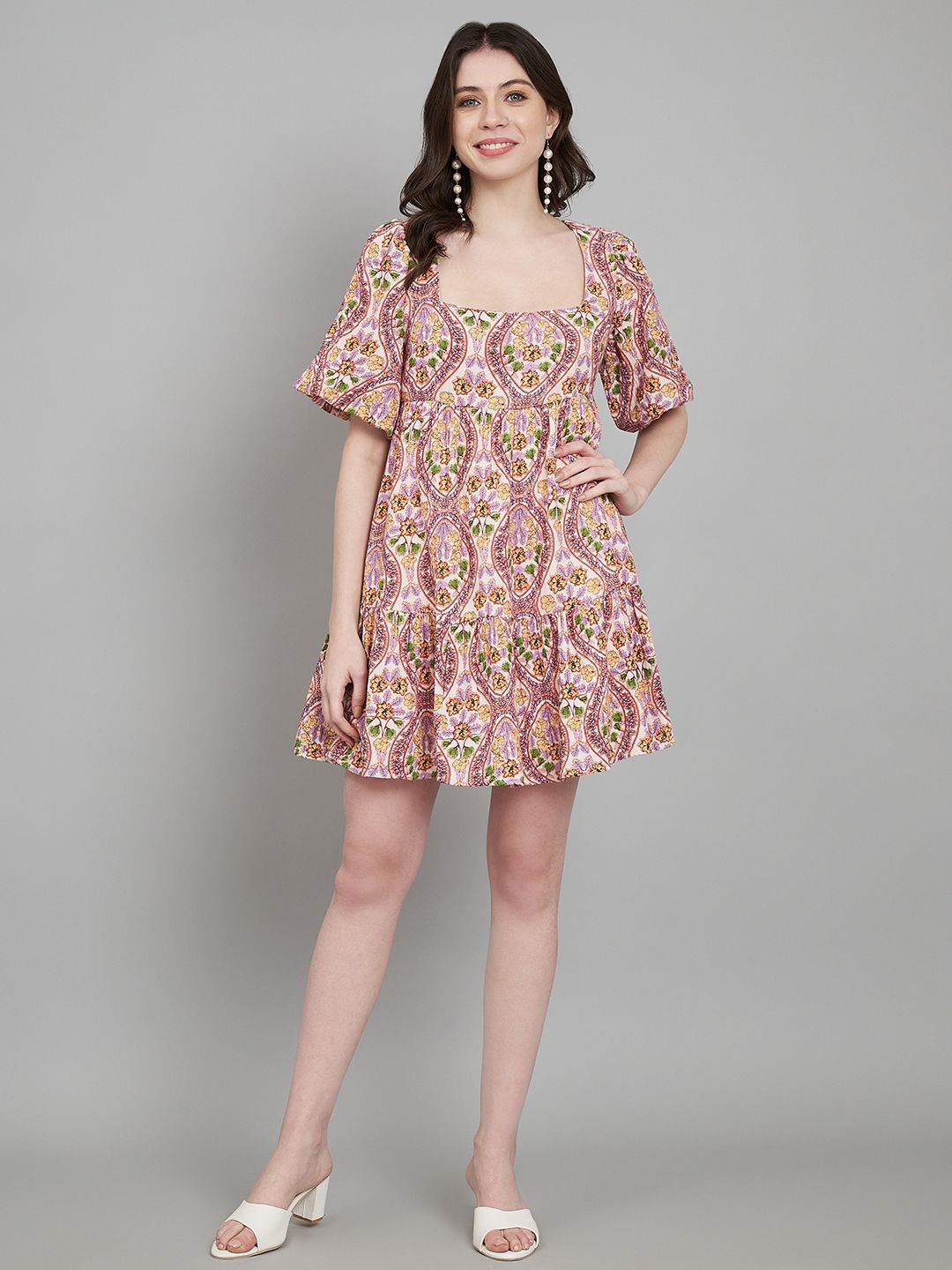 

Amagyaa Floral Printed Flared Sleeve Cotton Fit & Flare Dress, Purple