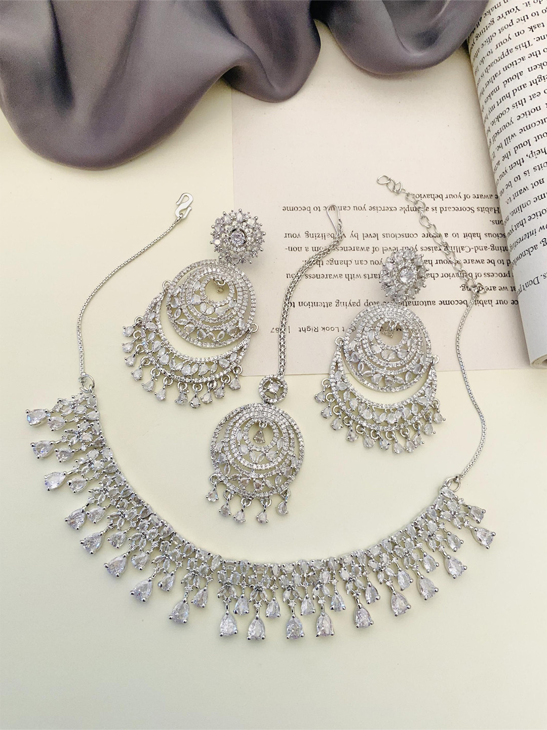 

ABDESIGNS Enchanting Silver-Plated AD Stone Studded Jewellery Set
