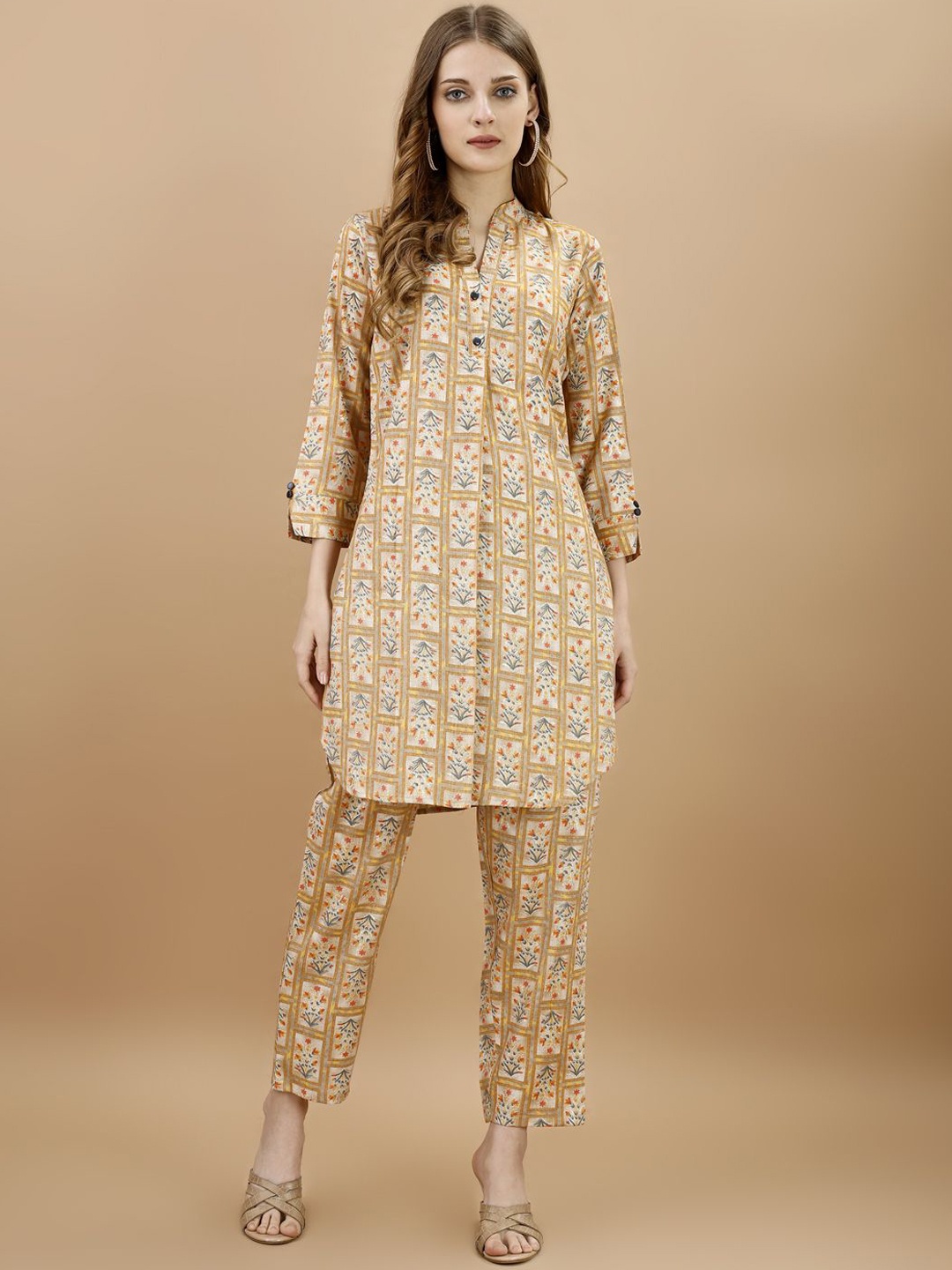 

Tikhi Imli Floral Printed Mandarin Collar Tunic With Trouser, Cream
