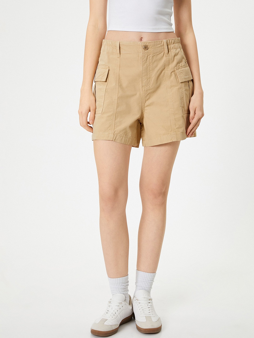 

Koton Women Mid-Rise Cotton Cargo Shorts, Beige