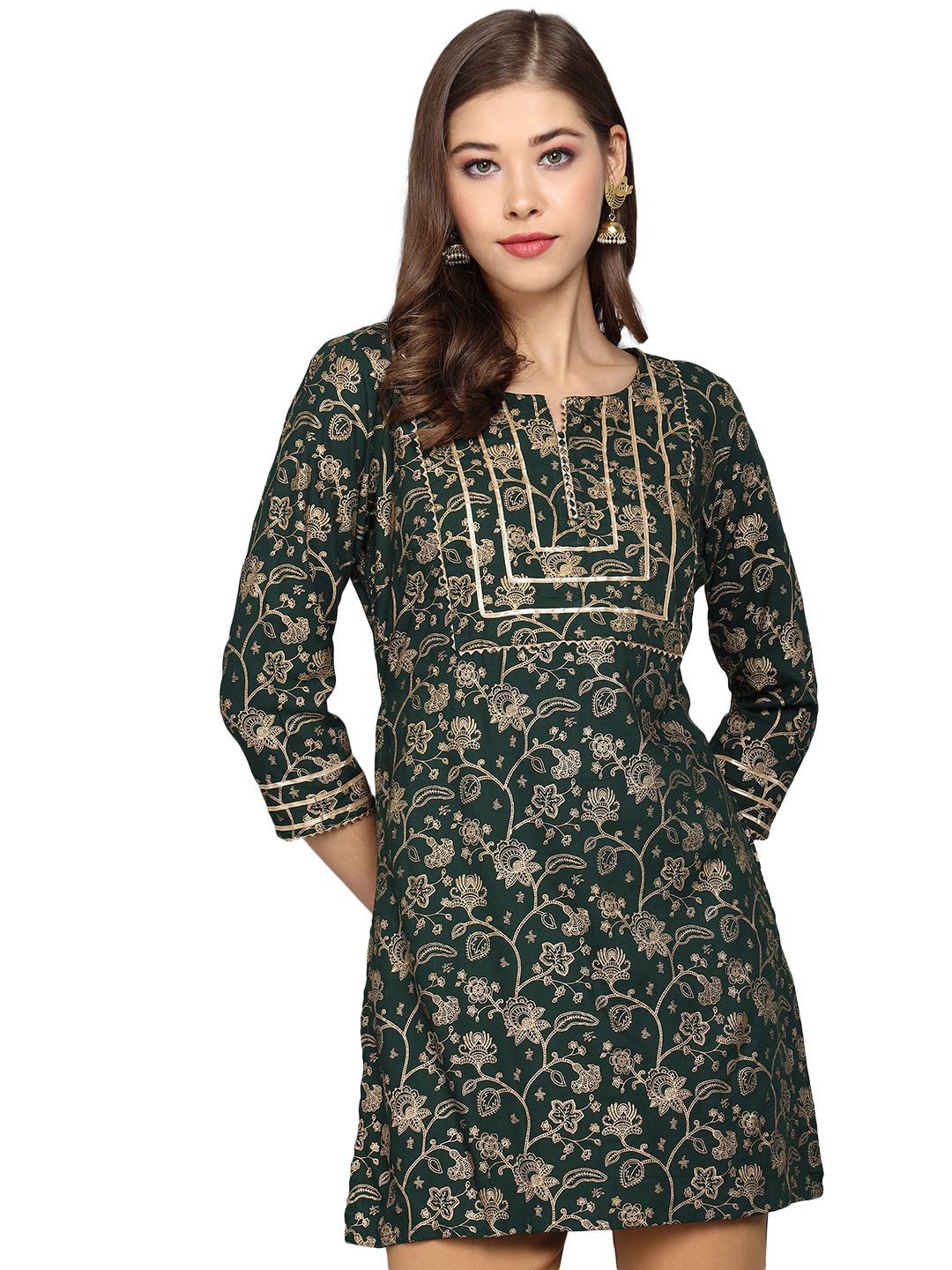

Anouk Women Ethnic Motifs Embroidered Round Neck Short Kurti, Green