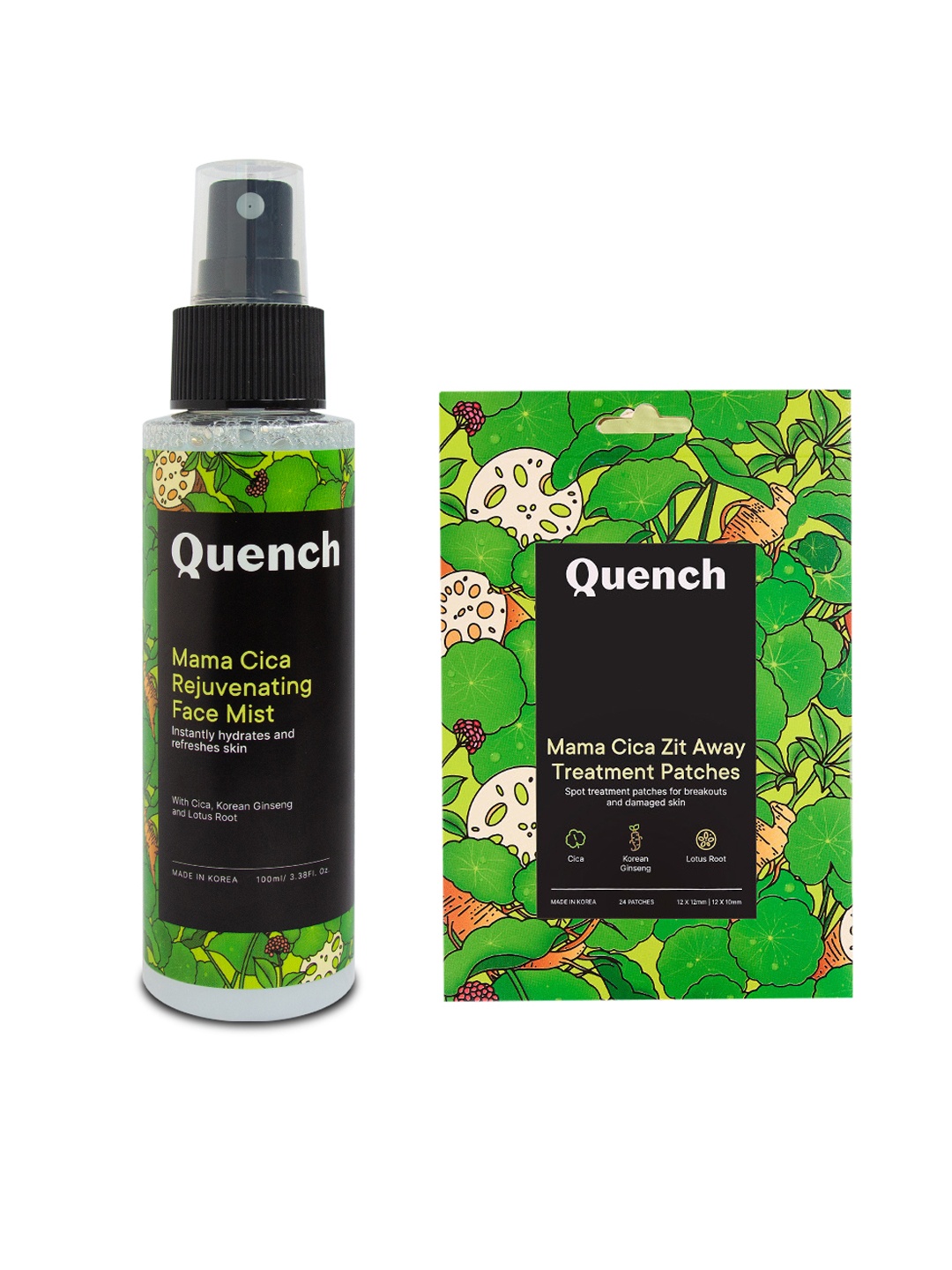 

Quench 24Pcs Mama Cica Acne Patches & Rejuvenating Face Mist Toner 100ml, Green