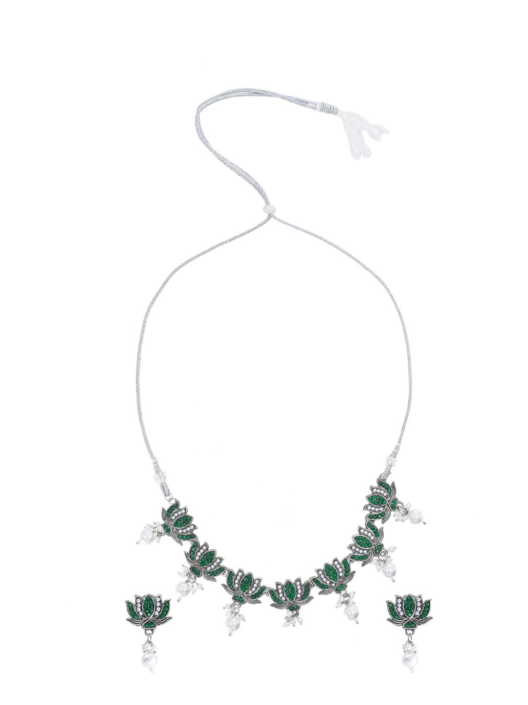 

Shining Jewel - By Shivansh Silver Plated Cubic Zirconia Studded Lotus Jewellery Set