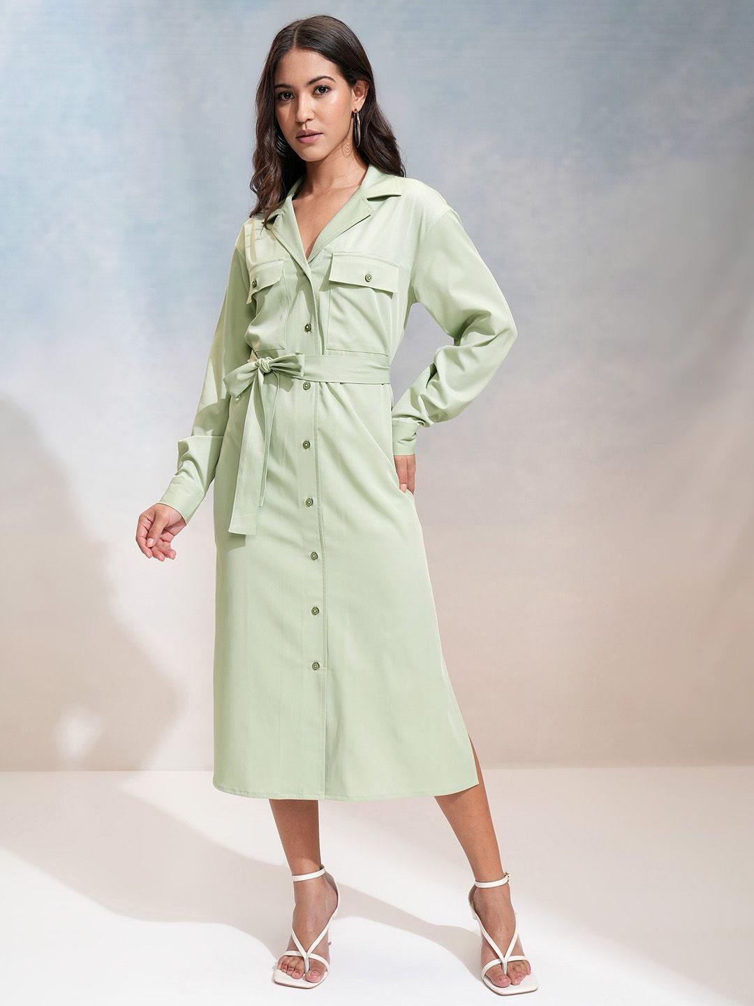 

Tokyo Talkies Women Solid Buttondown Shirt Midi Dress, Green