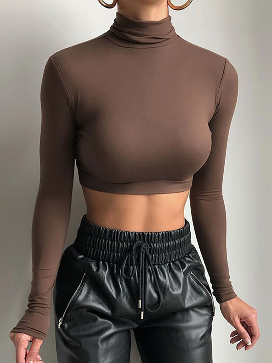 

StyleCast x Revolte Women Solid High Neck Top, Brown