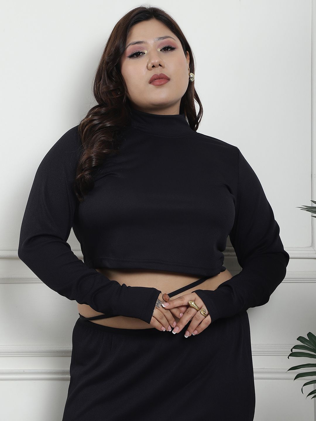 

thkgrlz Women Solid High Neck Plus Size Top, Black