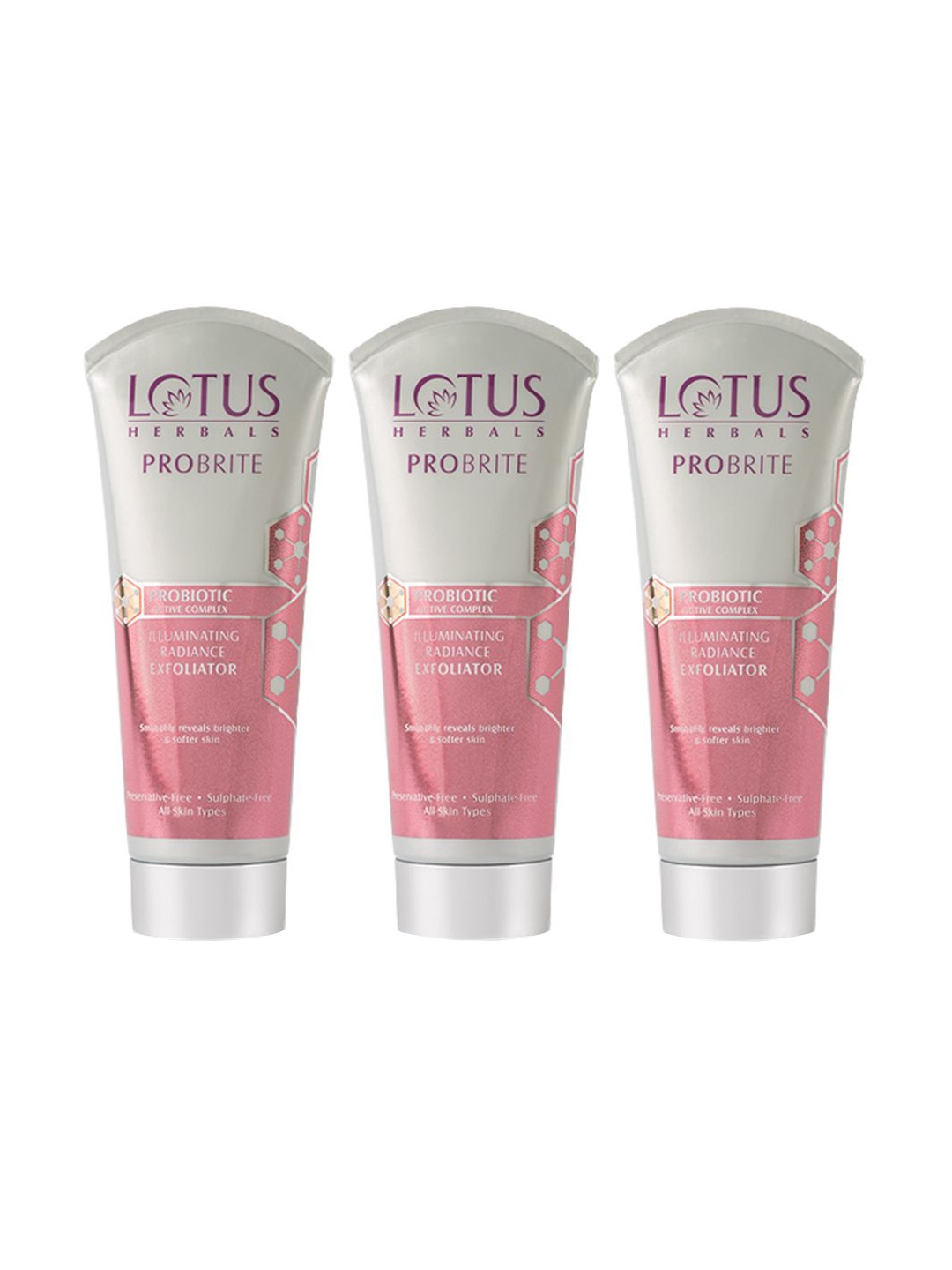 

Lotus Herbals Set Of 3 Probrite Illuminating Radiance Gentle Exfoliator-100g Each, Purple