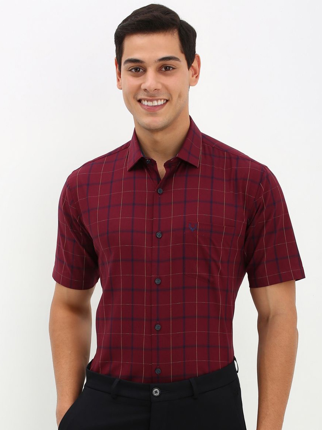 

Allen Solly Men Slim Fit Opaque Checked Formal Pure Cotton Shirt, Maroon