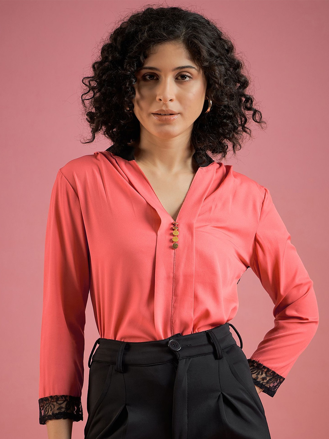 

DressBerry Women Self Design V-Neck Polyester Top, Pink