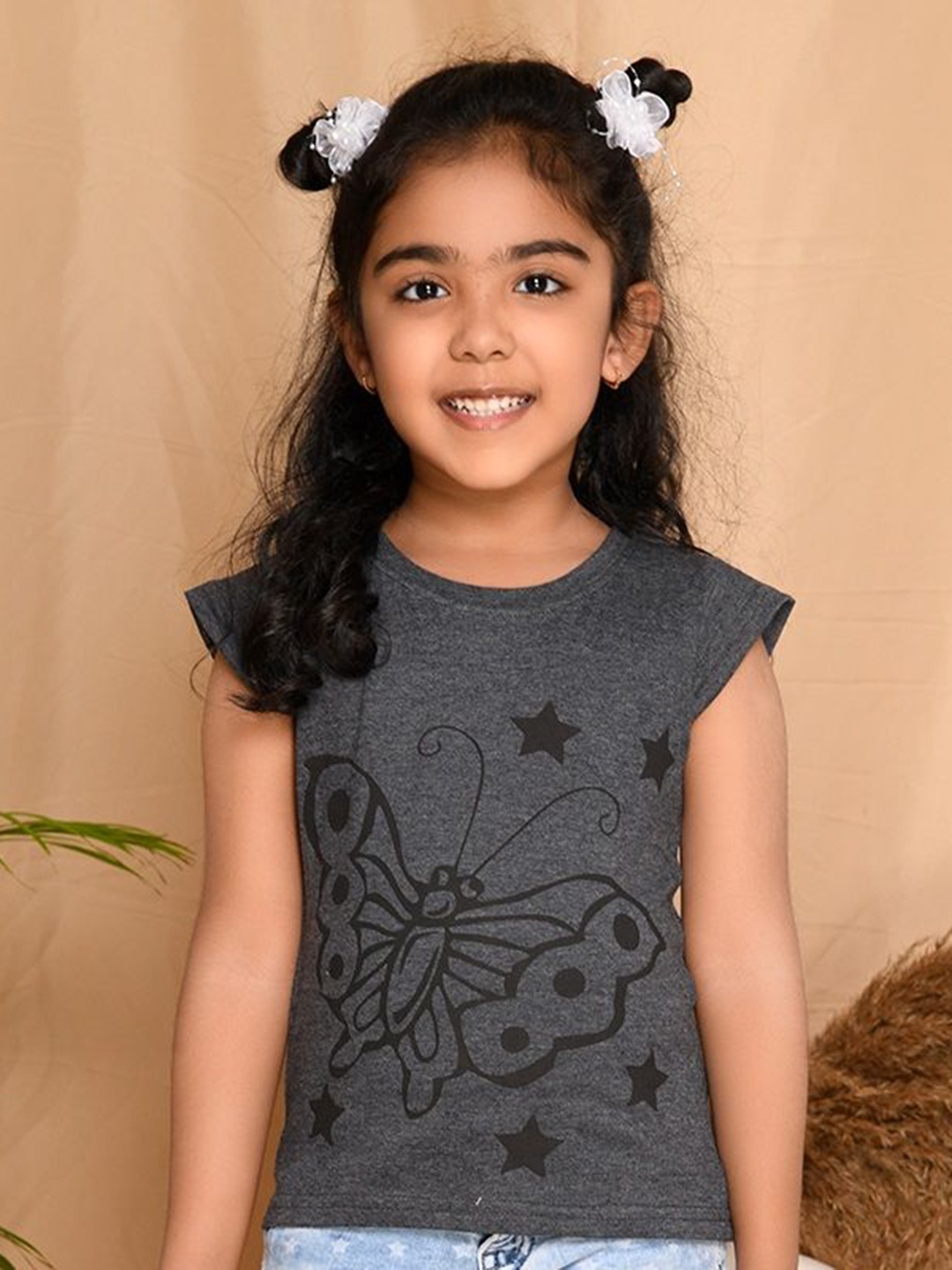 

Kids Cave Girls Graphic Printed Round Neck Cotton T-Shirt, Grey