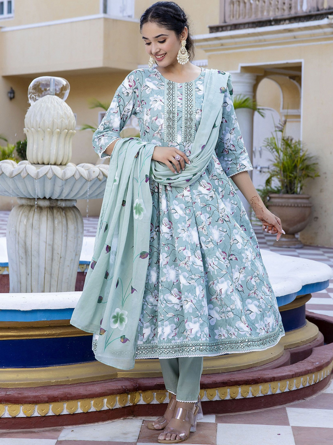 

Charu Floral Printed Mirror Work Pure Cotton Anarkali Kurta With Trousers & Dupatta, Sea green