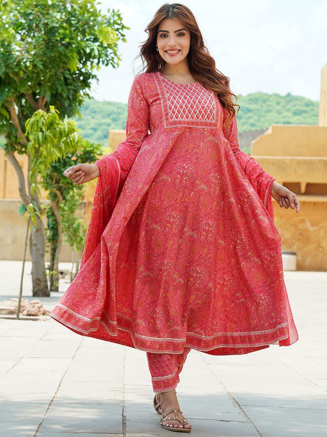 

KALINI Floral Printed Gotta Patti Pure Cotton Anarkali Kurta With Trousers & Dupatta, Pink