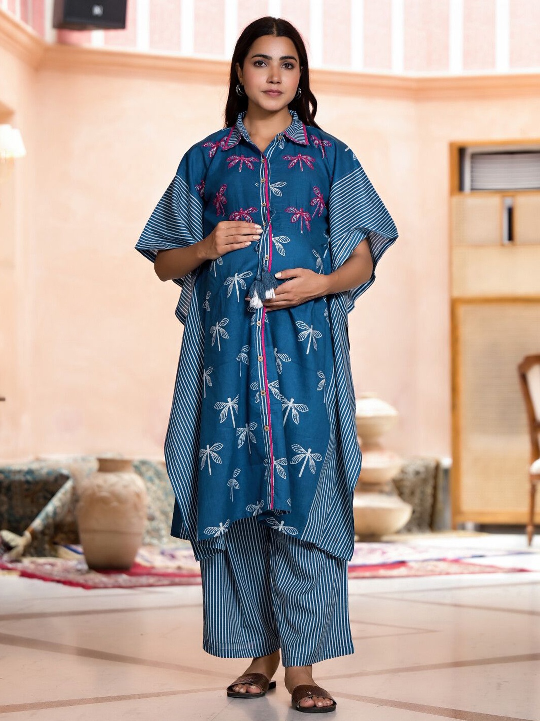 

Aujjessa Floral Printed Beads and Stones Pure Cotton Kaftan Maternity Kurta with Palazzo, Blue