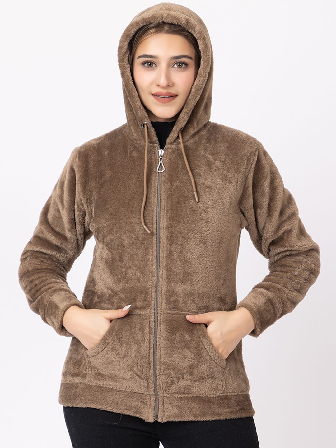 

LO G LO Women Solid Hooded Knitted Sweatshirt, Brown