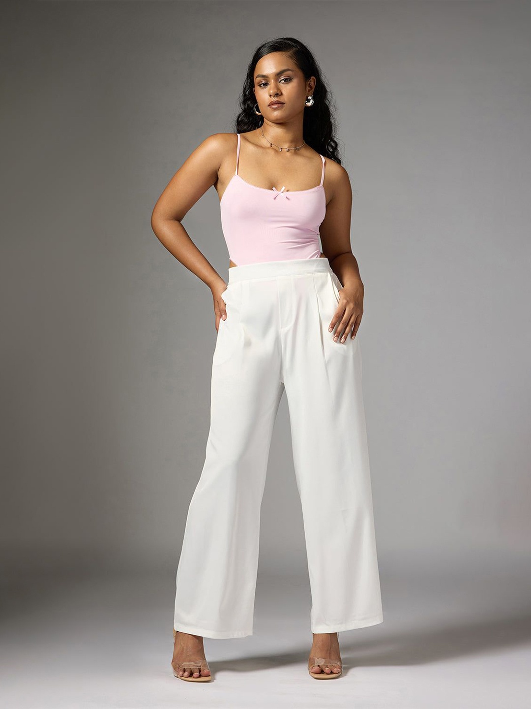 

FREAKINS Off White Satin Straight Korean Pants
