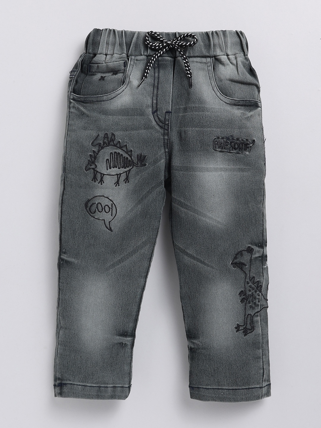 

Here&Now X Denikid Boys Pure Cotton Heavy Fade Embroidered Jeans, Charcoal