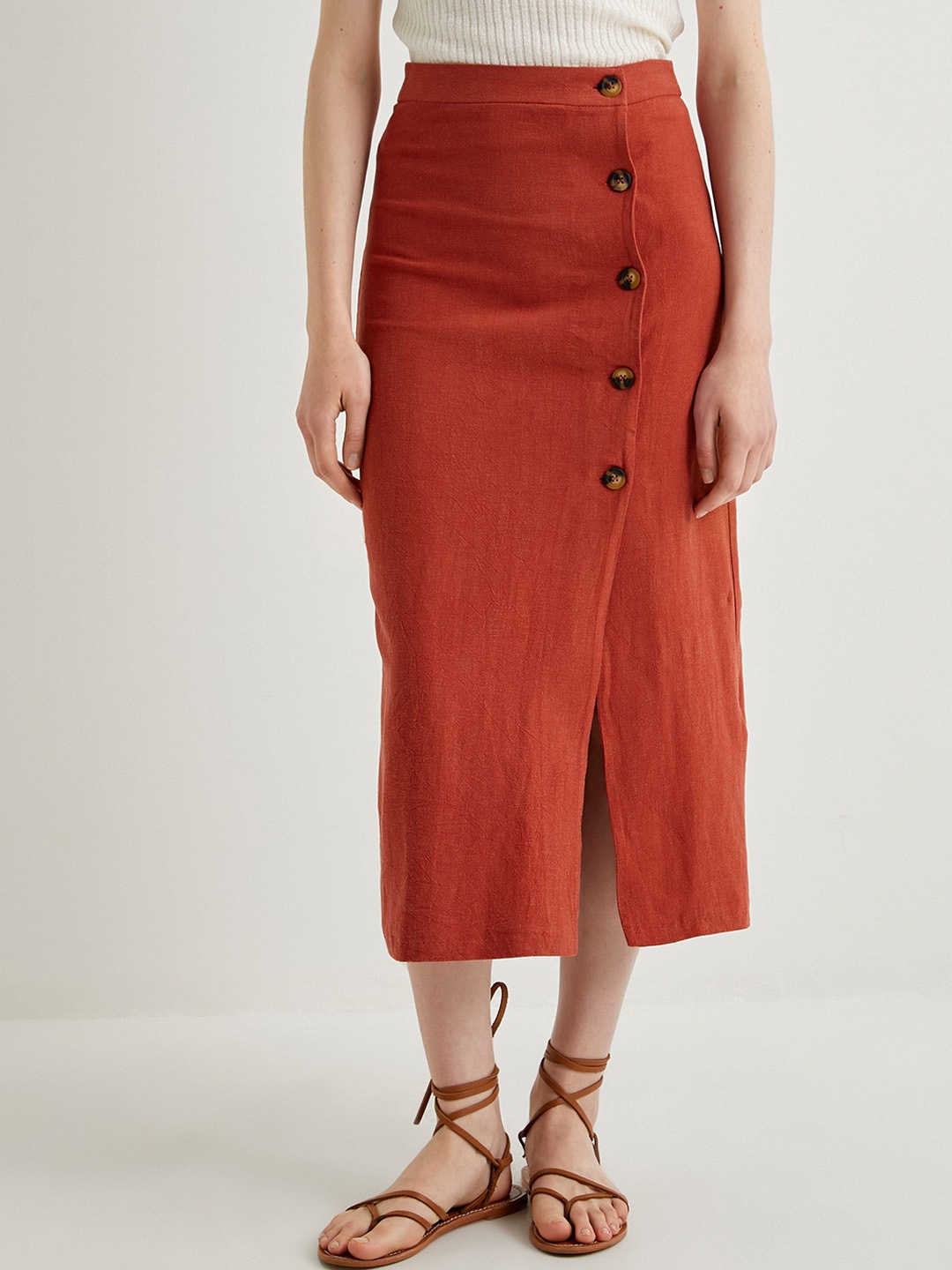 

Koton A-line Knee Length Front Slit Skirts, Orange