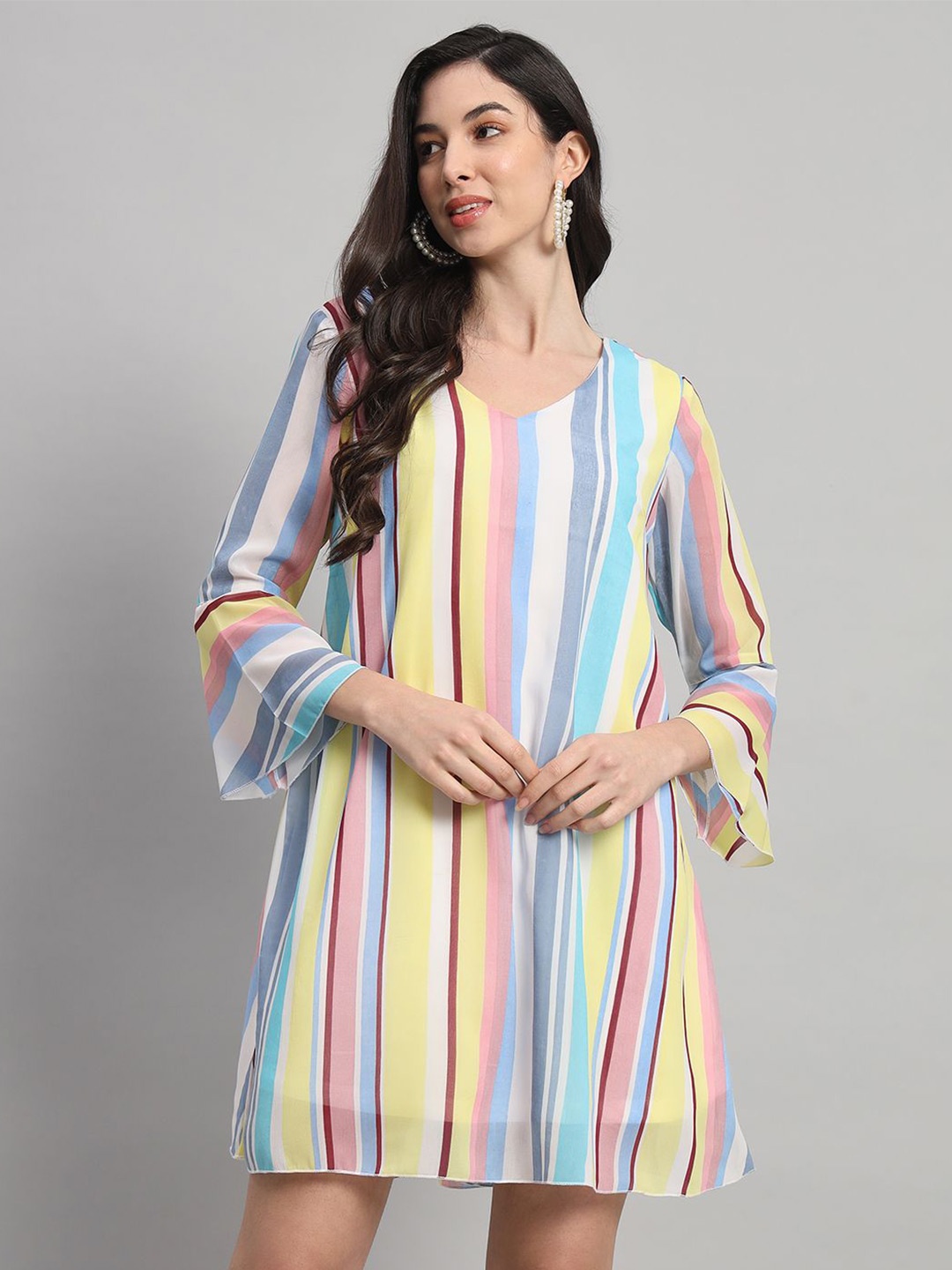 

Curvydrobe Striped Bell Sleeve Georgette A-Line Dress, Yellow