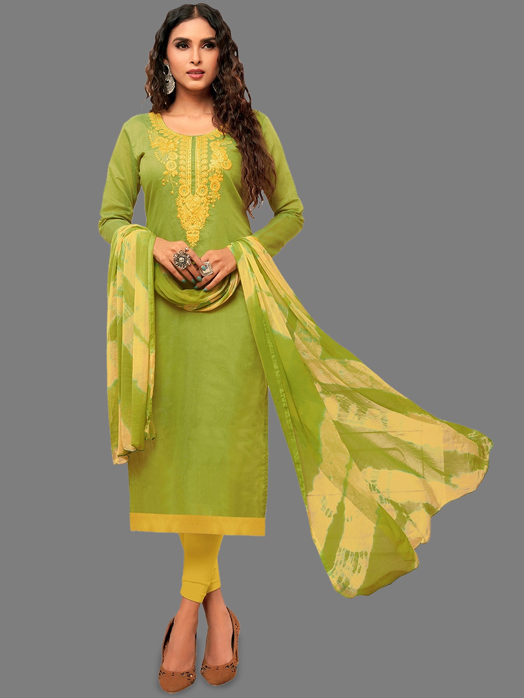 

JULEE Floral Embroidered Pure Cotton Unstitched Dress Material, Lime green