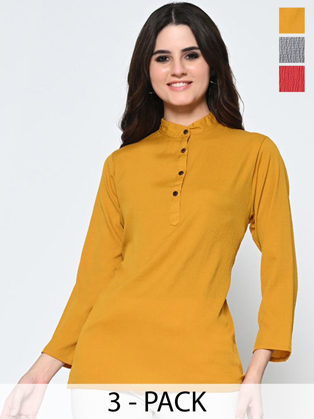 

BAESD Pack Of 3 Band Collar Crepe Tops, Mustard