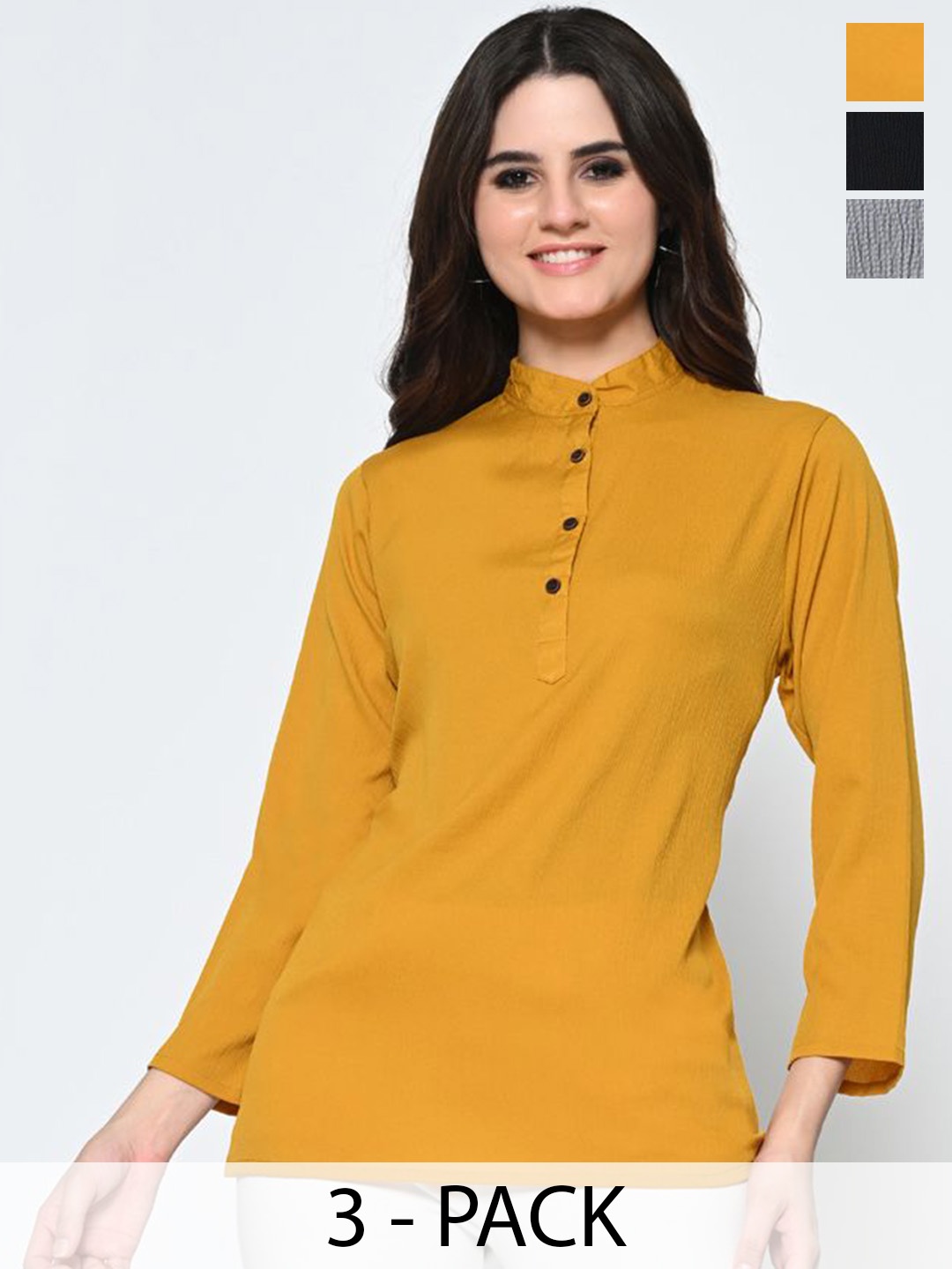 

BAESD Pack Of 3 Self Design Mandarin Collar Crepe Tops, Mustard