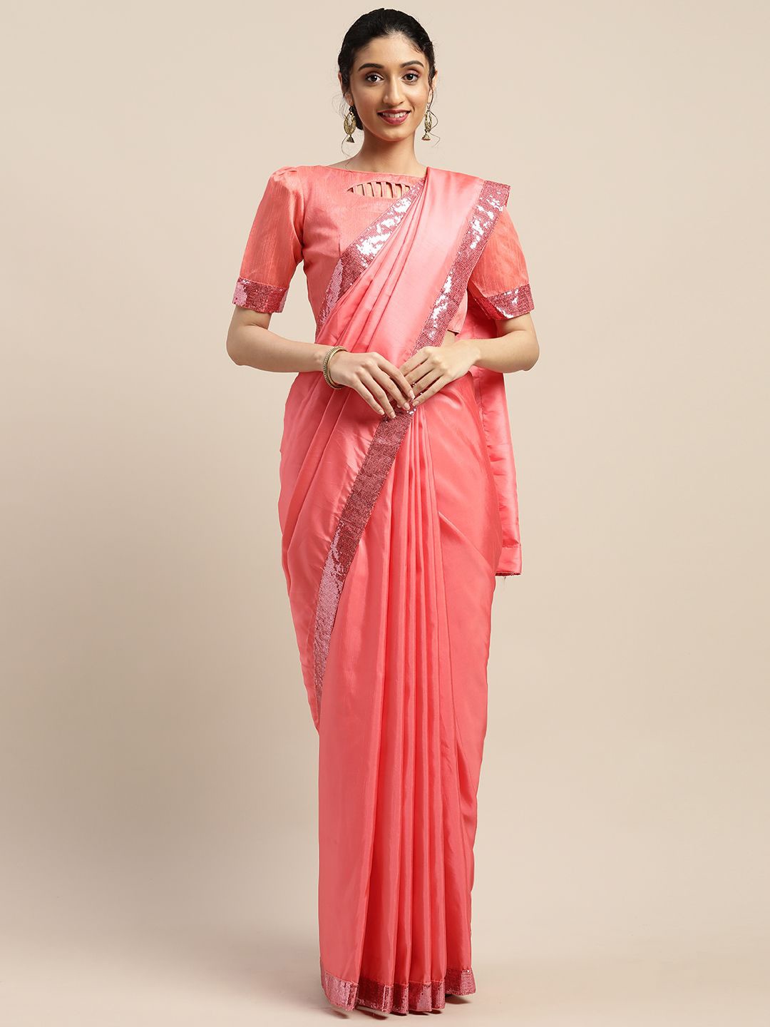 

KULNAARI Solid Sequinned Saree, Pink