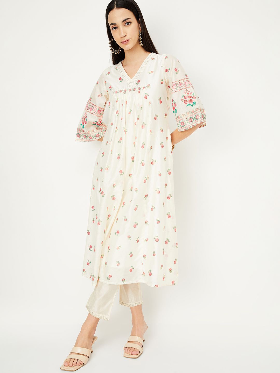

max Floral Printed Flared Sleeves Empire Cotton A-Line Kurta, Off white