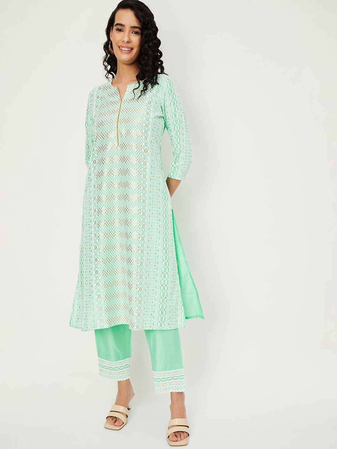 

max Ethnic Motifs Embroidered Sequinned Straight Kurta with Trousers, Green