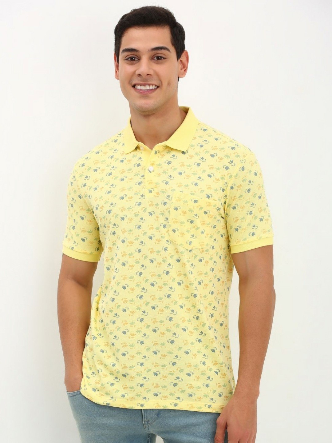 

Allen Solly Men Tropical Printed Print Polo Collar Cotton T-shirt, Yellow
