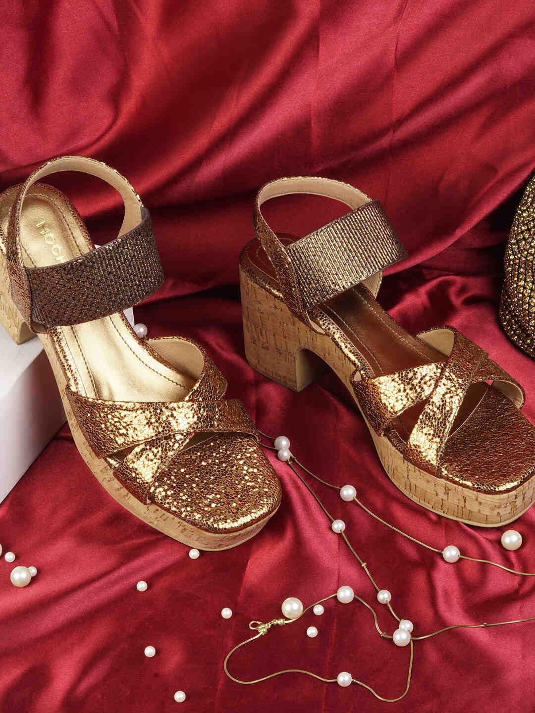 

Mochi Women Textured Platform Heels Sandals, Gold