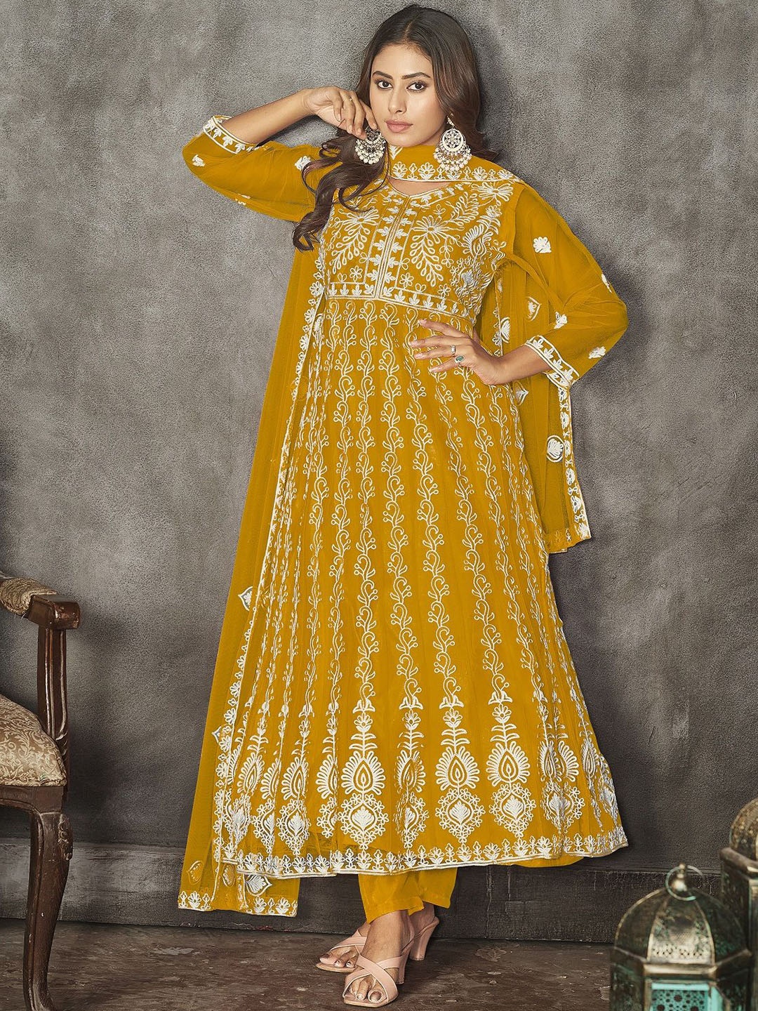 

Warthy Ent Floral Embroidered Net Semi-Stitched Dress Material, Yellow