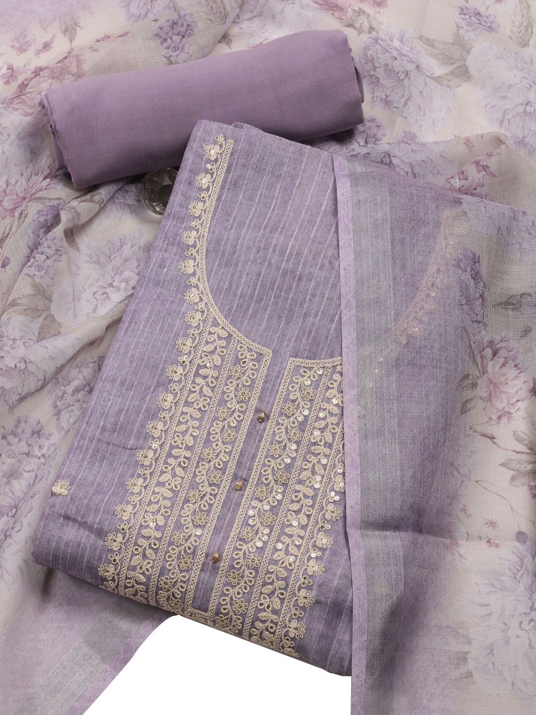 

Meena Bazaar Floral Embroidered Unstitched Dress Material, Lavender