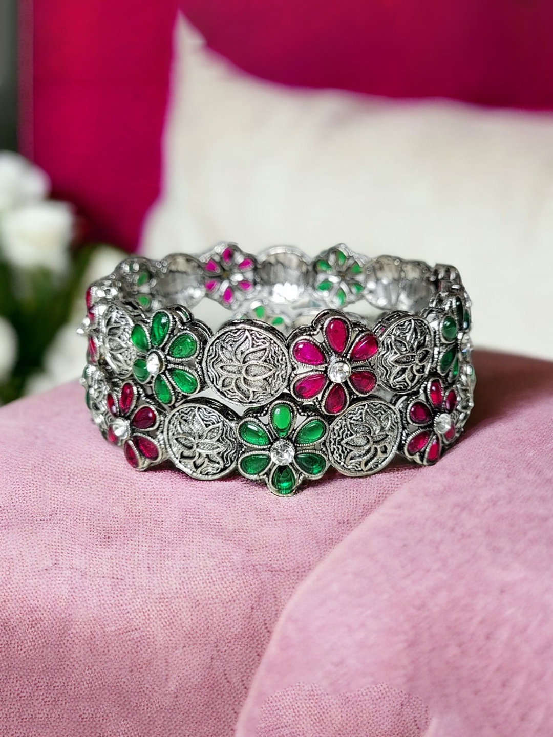 

leshya Set Of 2 Meenakari Stone-Studded Oxidized Kada Bangles, Silver
