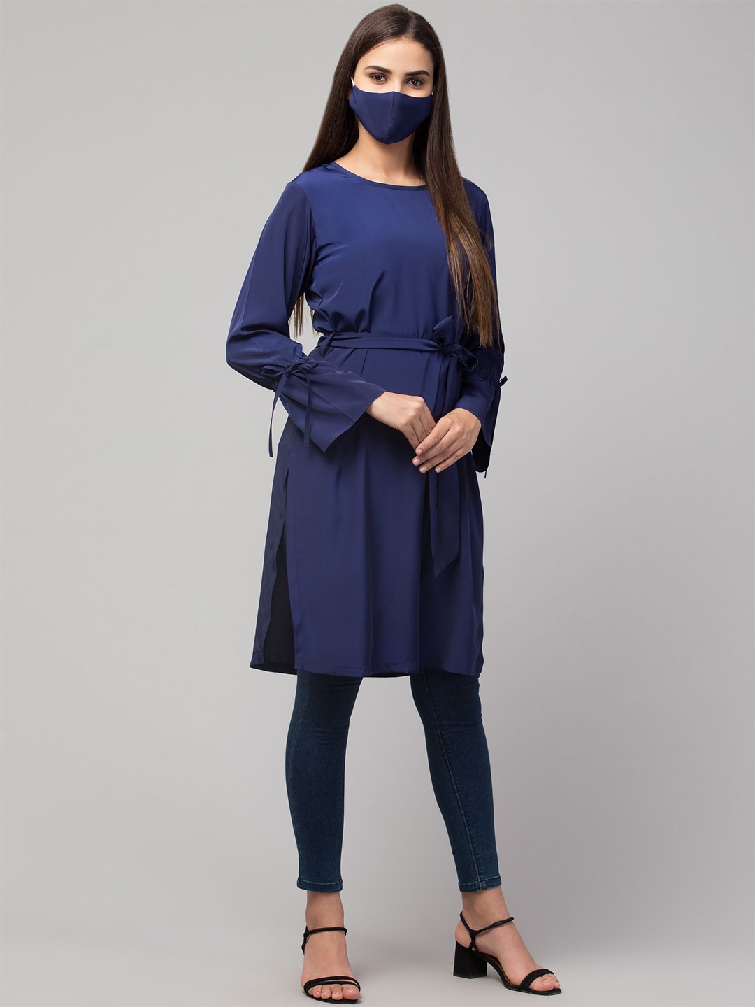 

MUSHKIYA Silk Round Neck Kurti, Navy blue