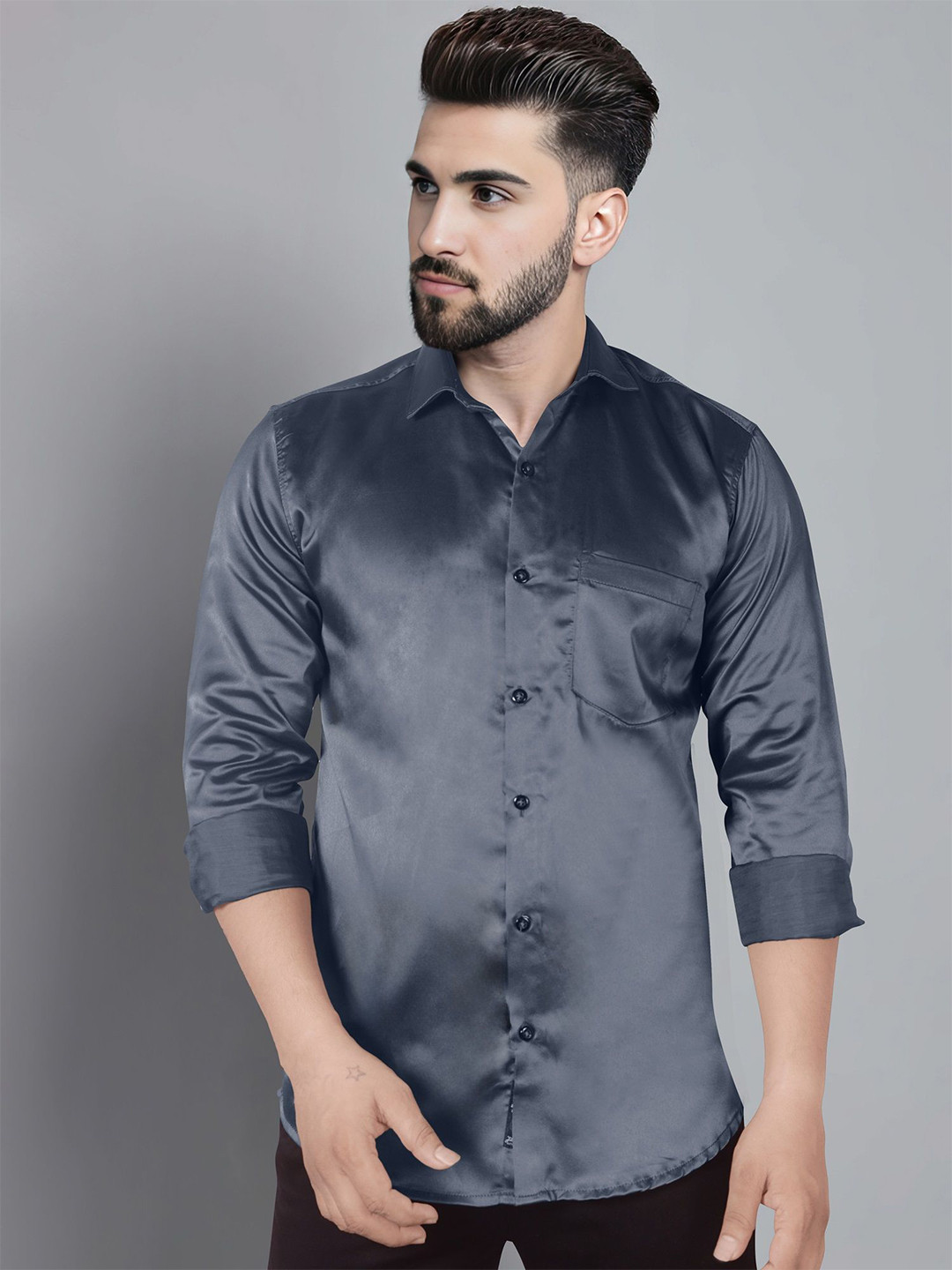 

Jb Just BLACK Men Classic Spread Collar Solid Slim Fit Party Shirt, Grey